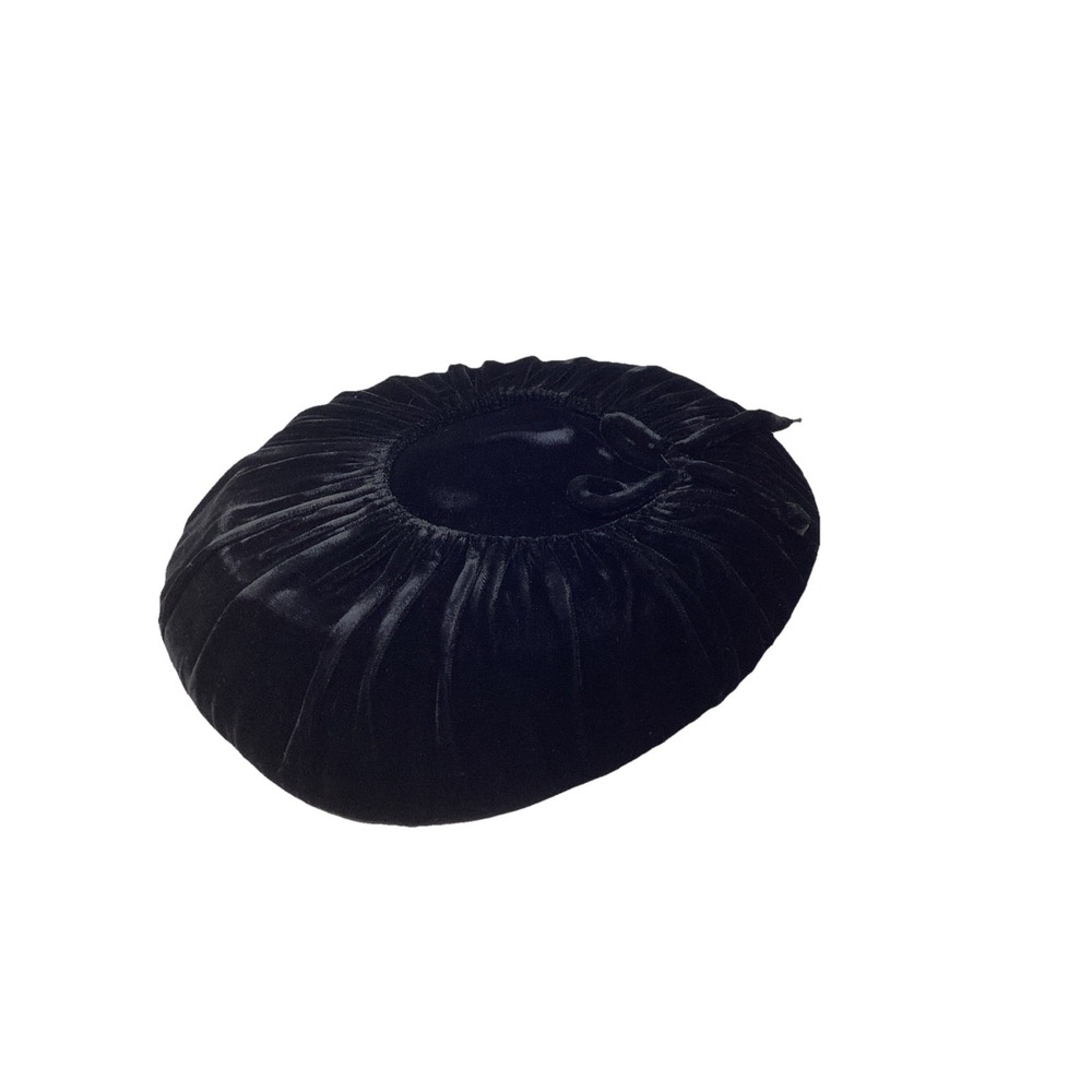 Vintage 50's Black Pleated Velvet Platter Hat MCM Unmarked